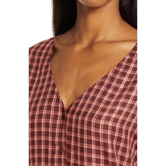 TREASURE & BOND Button Front Long Sleeve Top Brown York Plaid Medium - Picture 3 of 9